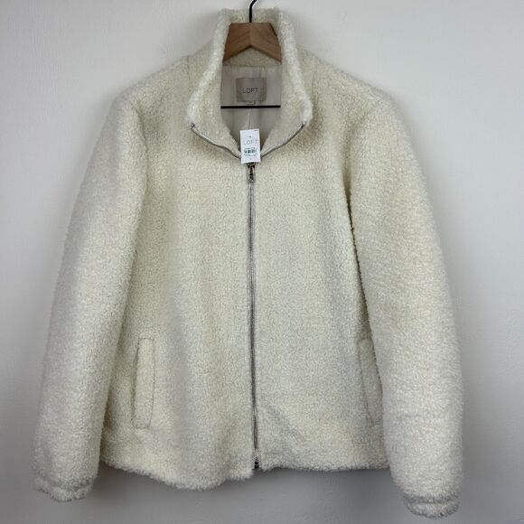 Loft Teddy Coat Jacket Womens Large Cream Boucle Faux Fur Zip Pockets Ladies New - Picture 5 of 13